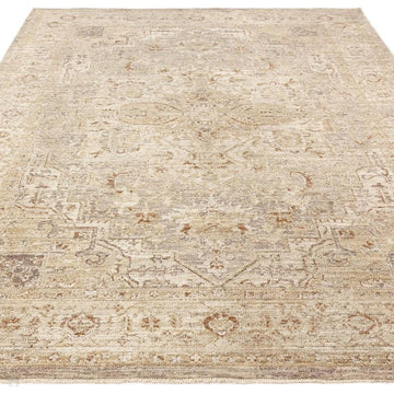 Heriz HE01 Serapi Traditional Persian Vintage Distressed Shimmer Tonal Textured Hi-Lo Space-Dyed Polyester Low-Profile Short Pile Beige Rug-Asiatic Carpets-Rug Love - The Most Loved Rug Store